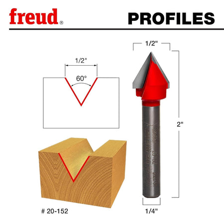 A technical profile diagram for the Freud 20-152 bit, illustrating a precise 60-degree V-shaped cut in a wood workpiece with an overall diameter of 1/2 inch and an overall length of 2 inches.