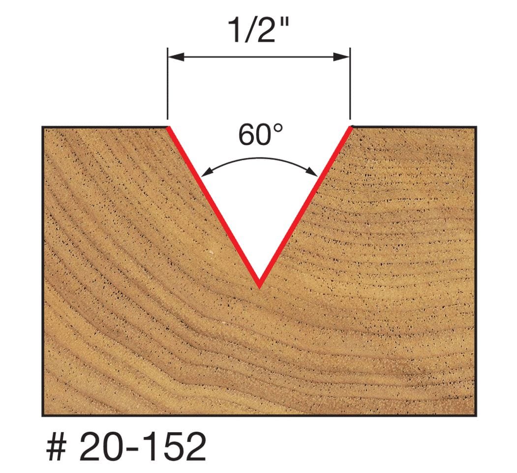 Technical diagram duplicate of the Freud 20-152 V-grooving profile, emphasizing the 60-degree included angle used for crisp engraving, lettering, and decorative veining.