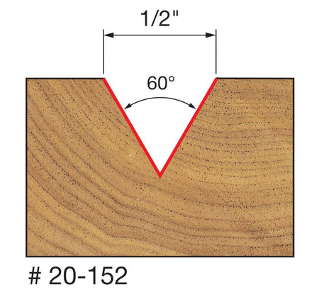 Technical diagram duplicate of the Freud 20-152 V-grooving profile, emphasizing the 60-degree included angle used for crisp engraving, lettering, and decorative veining.