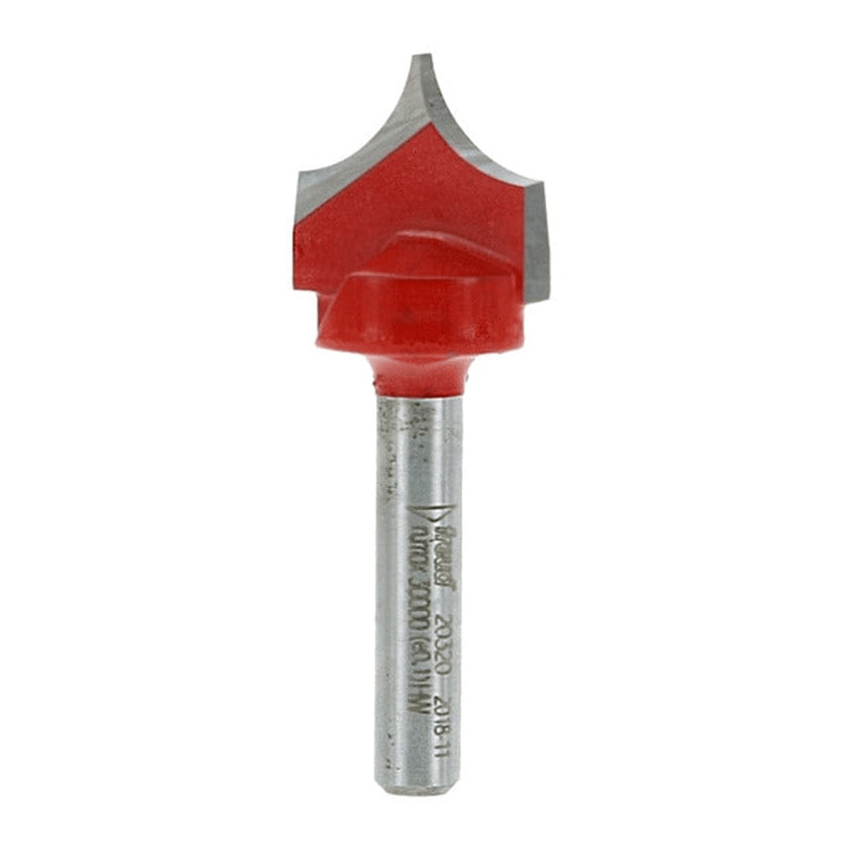 Studio product view of the Freud 20-320 router bit, featuring a 1/4 inch silver shank and a red Perma-SHIELD coated cutting head with a curved radius profile for decorative grooving.