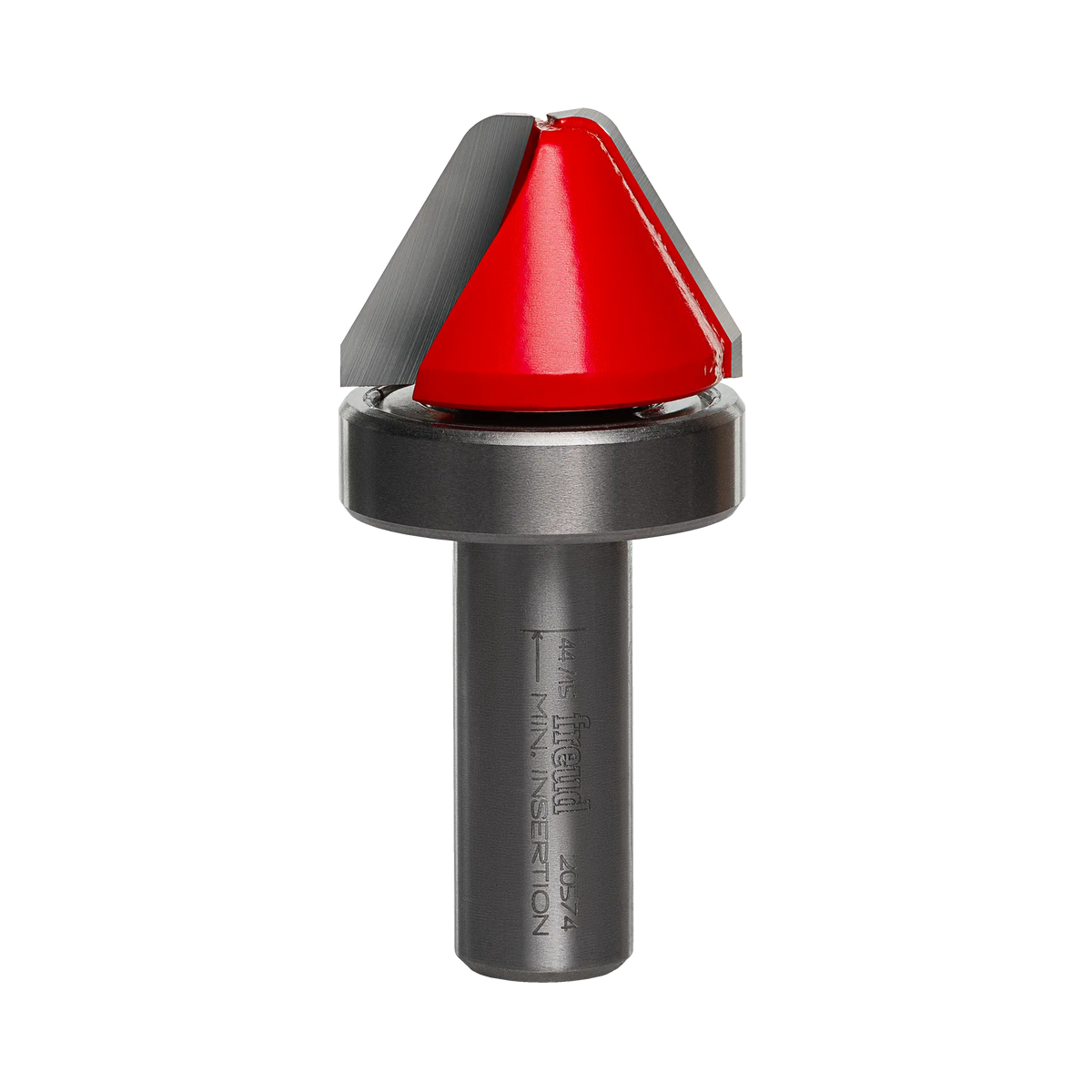 Studio product view of the Freud 20-574 router bit, featuring a 1/2 inch silver shank, a top-mounted ball bearing guide, and a red Perma-SHIELD coated cutting head with angled sides and a flattened tip.