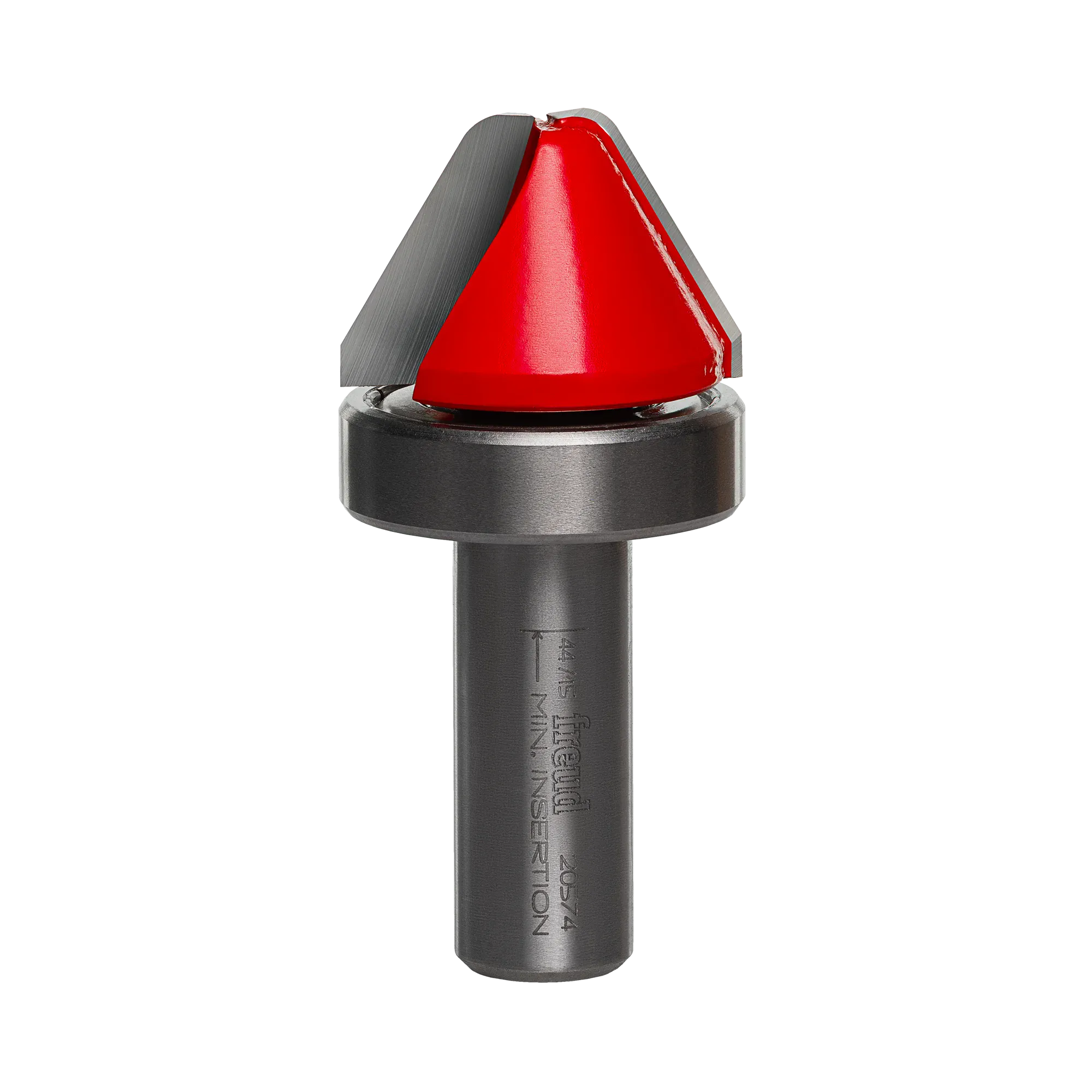 Studio product view of the Freud 20-574 router bit, featuring a 1/2 inch silver shank, a top-mounted ball bearing guide, and a red Perma-SHIELD coated cutting head with angled sides and a flattened tip.