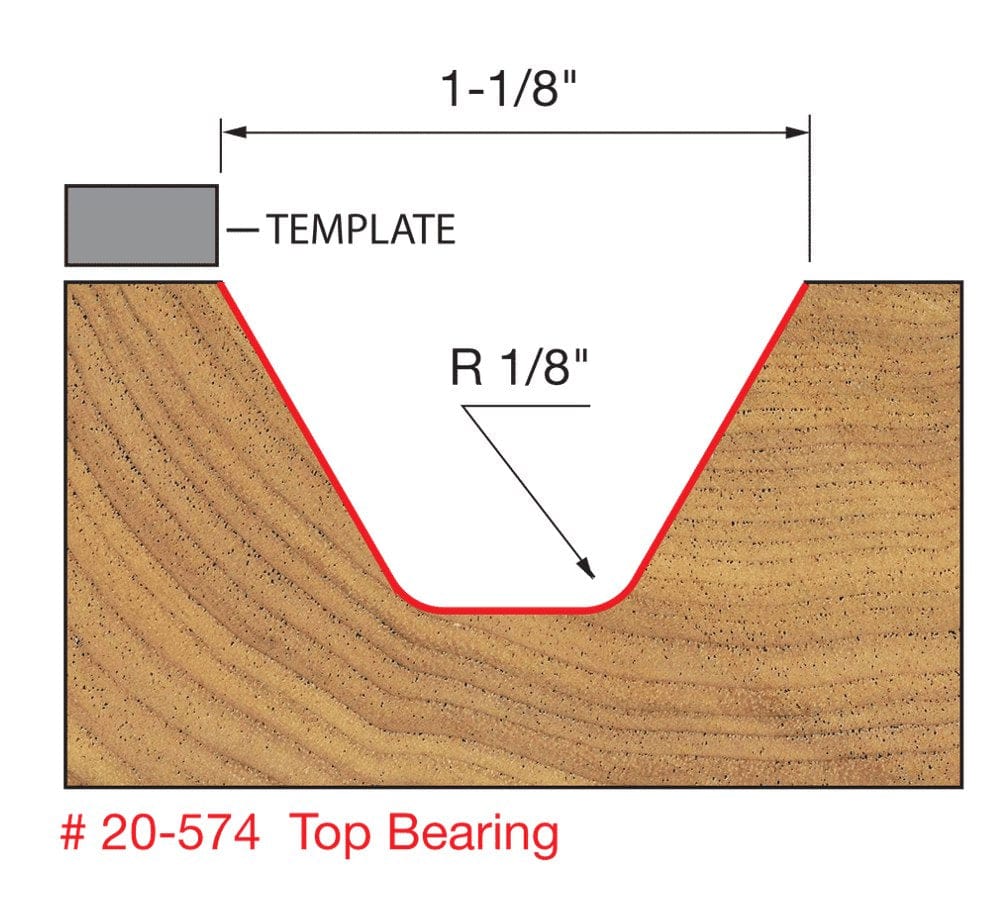 Technical diagram illustrating the cutting profile of the Freud 20-574 top bearing lettering bit, showing a cross-section of a 1-1/8 inch wide groove with angled sidewalls and 1/8 inch radius bottom corners guided by a template.