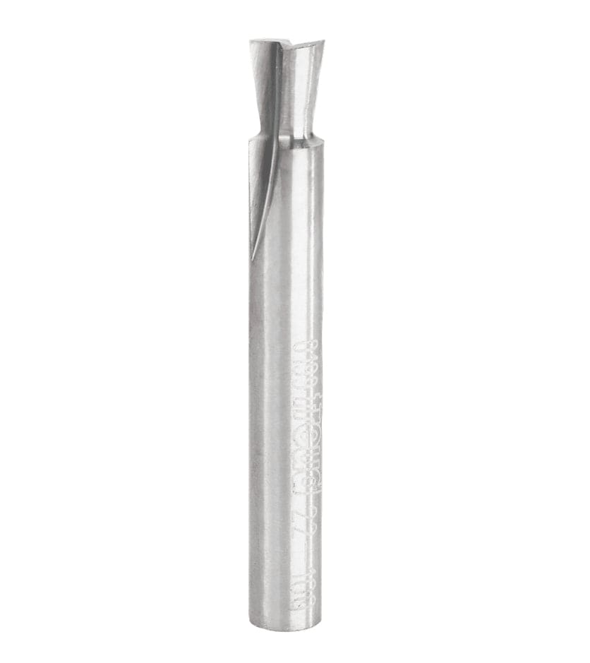Studio product view of the Freud 22-100 router bit, featuring a 1/4 inch silver shank and a slender dovetail cutting head with laser-etched model numbers.