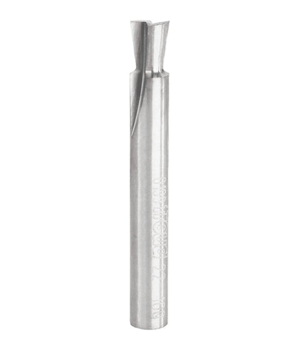 Studio product view of the Freud 22-100 router bit, featuring a 1/4 inch silver shank and a slender dovetail cutting head with laser-etched model numbers.
