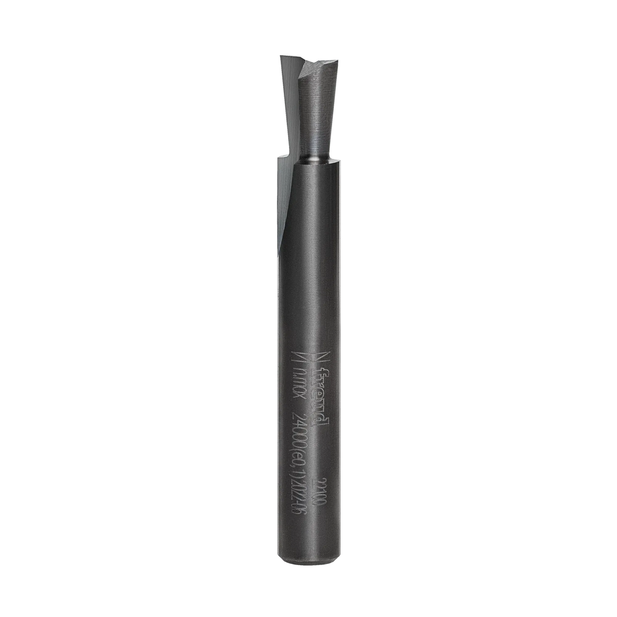 Studio product view of the Freud 22-100 router bit, featuring a 1/4 inch silver shank and a slender dovetail cutting head with laser-etched model numbers.