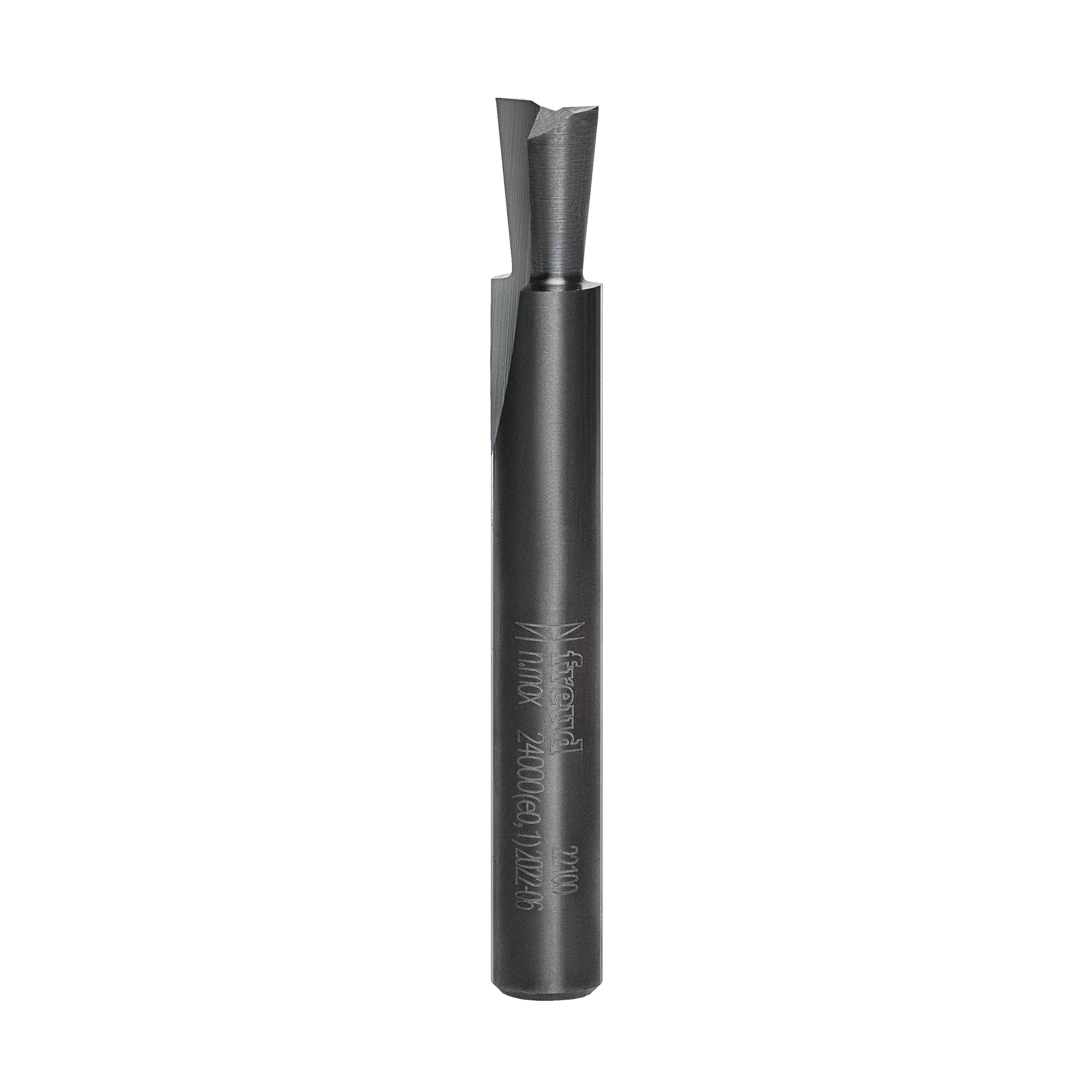 Studio product view of the Freud 22-100 router bit, featuring a 1/4 inch silver shank and a slender dovetail cutting head with laser-etched model numbers.