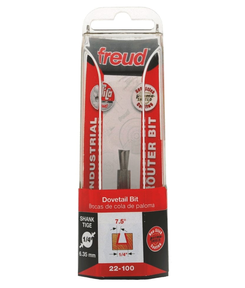 Retail packaging view for the Freud 22-100 dovetail bit, displaying the red and black branding, a diagram of the 7.5 degree cut profile, and icons indicating the 1/4 inch shank and Perma-SHIELD coating.