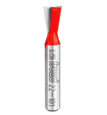Studio product view of the Freud 22-101 router bit, featuring a 1/4 inch silver shank and a red Perma-SHIELD coated dovetail cutting head with angled carbide tips.