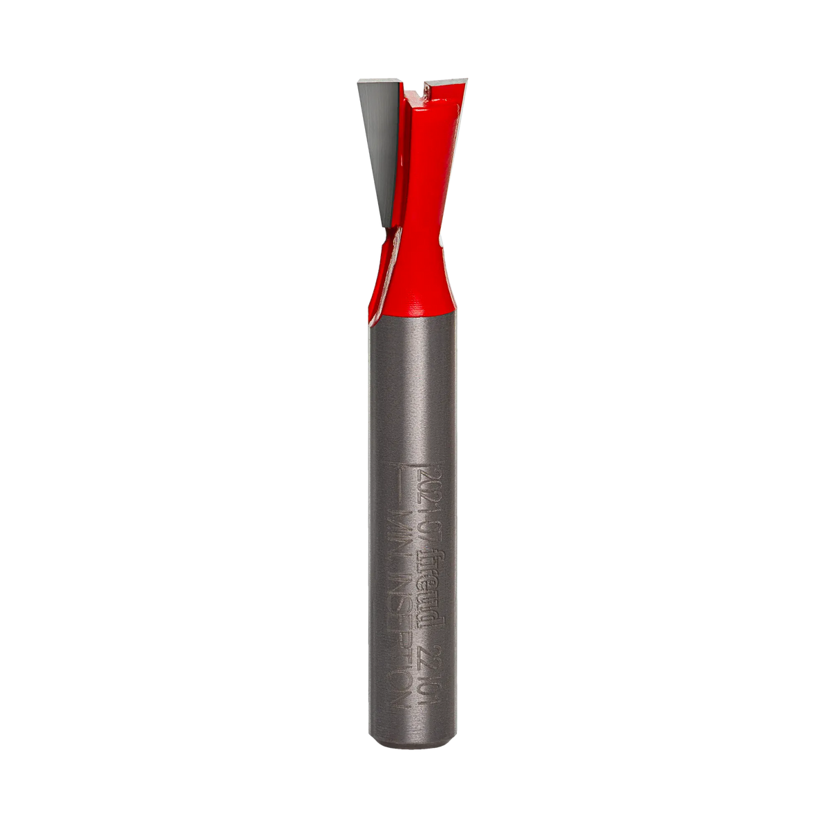 Studio product view of the Freud 22-101 router bit, featuring a 1/4 inch silver shank and a red Perma-SHIELD coated dovetail cutting head with angled carbide tips.