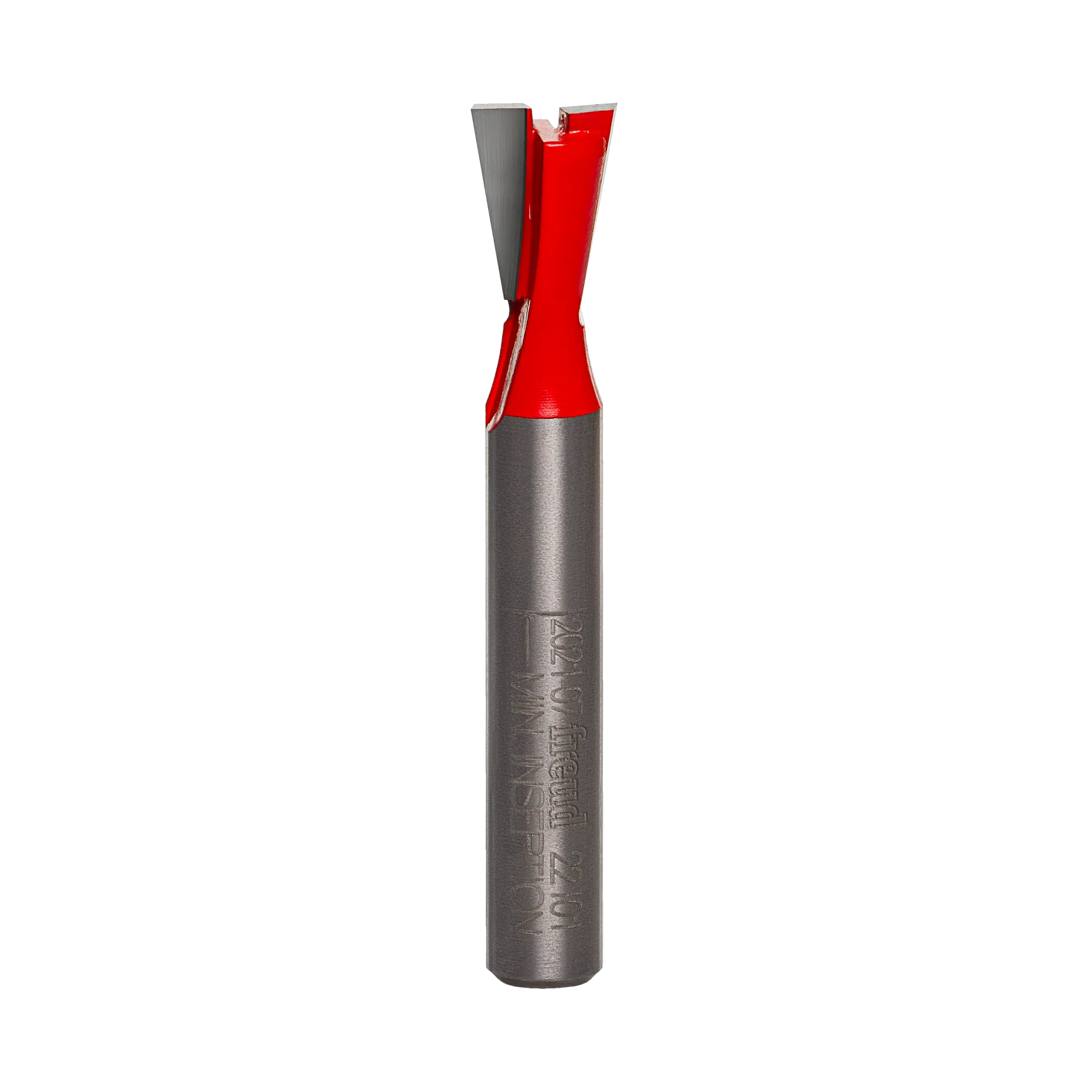 Studio product view of the Freud 22-101 router bit, featuring a 1/4 inch silver shank and a red Perma-SHIELD coated dovetail cutting head with angled carbide tips.