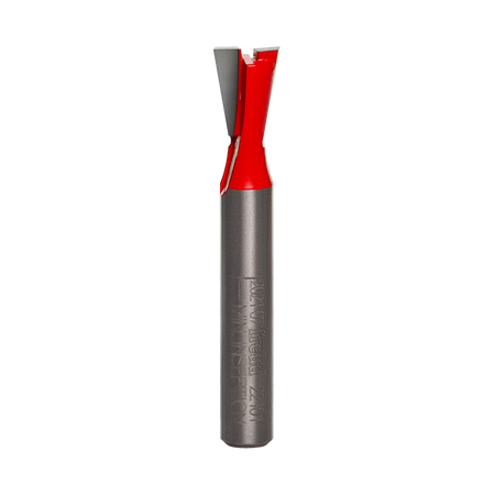 Studio product view of the Freud 22-101 router bit, featuring a 1/4 inch silver shank and a red Perma-SHIELD coated dovetail cutting head with angled carbide tips.