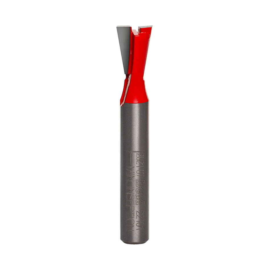 Studio product view of the Freud 22-101 router bit, featuring a 1/4 inch silver shank and a red Perma-SHIELD coated dovetail cutting head with angled carbide tips.