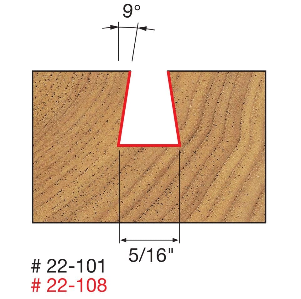Technical diagram illustrating the cutting profile of the Freud 22-101 dovetail bit, showing a cross-section of a cut with a 5/16 inch bottom width and 9-degree angled sidewalls.