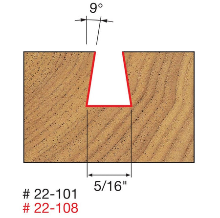Technical diagram illustrating the cutting profile of the Freud 22-101 dovetail bit, showing a cross-section of a cut with a 5/16 inch bottom width and 9-degree angled sidewalls.