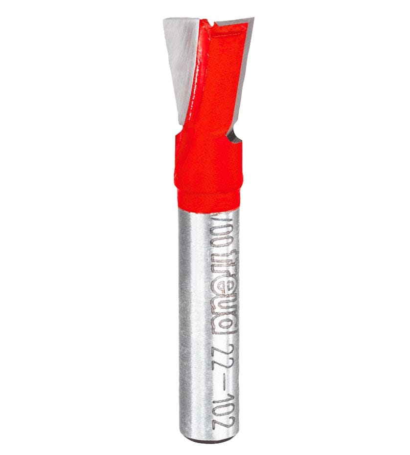Studio product view of the Freud 22-102 router bit, featuring a 1/4 inch silver shank and a red Perma-SHIELD coated dovetail cutting head with angled carbide tips.