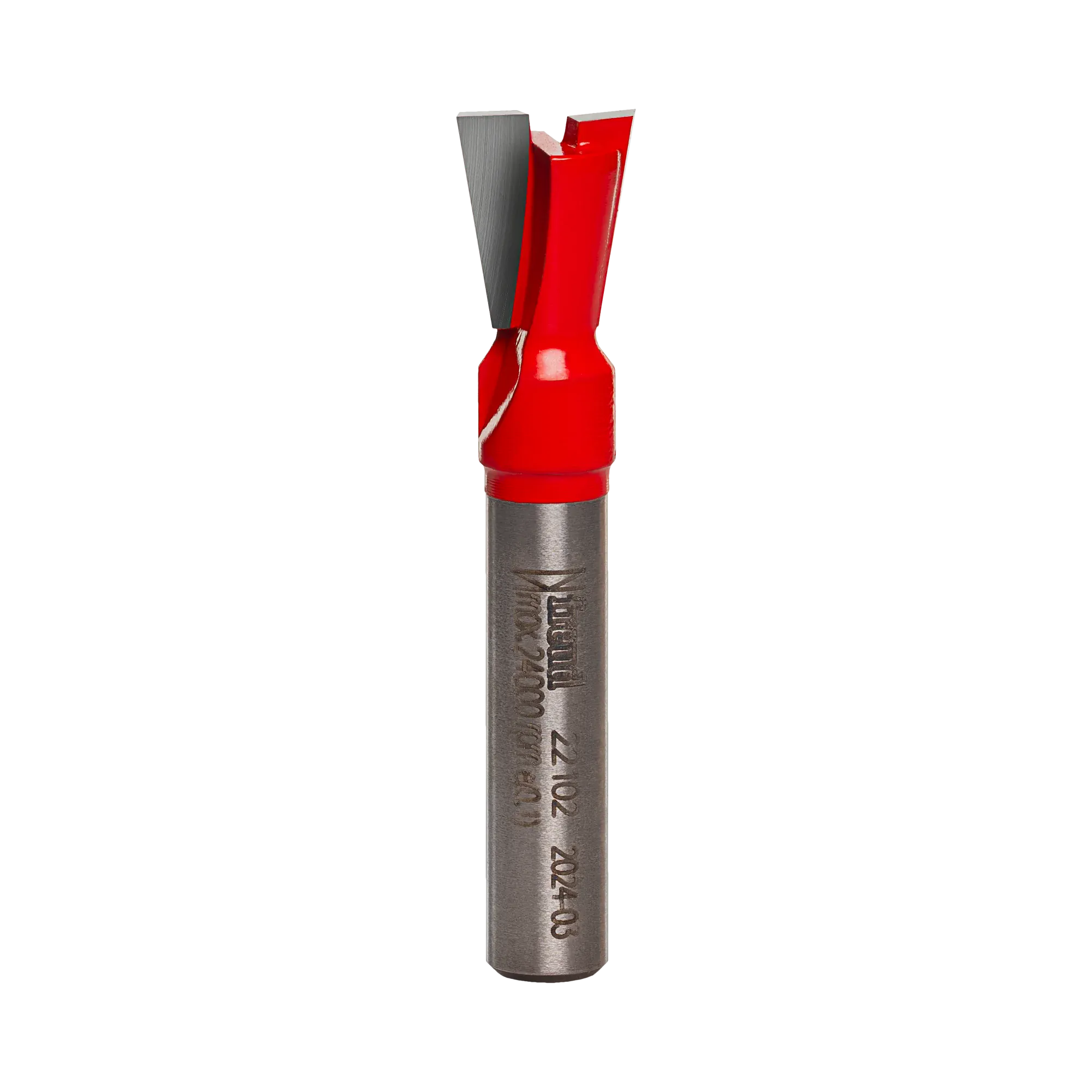 Studio product view of the Freud 22-102 router bit, featuring a 1/4 inch silver shank and a red Perma-SHIELD coated dovetail cutting head with angled carbide tips.