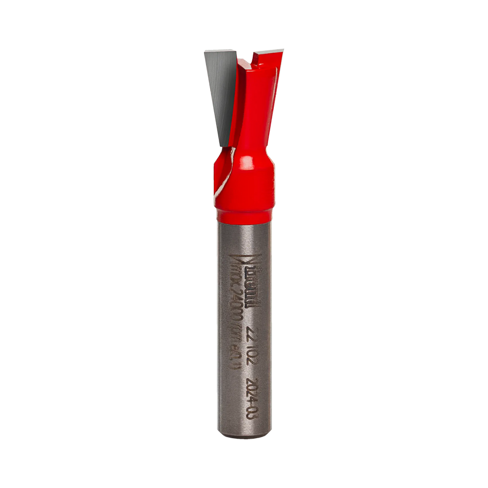 Studio product view of the Freud 22-102 router bit, featuring a 1/4 inch silver shank and a red Perma-SHIELD coated dovetail cutting head with angled carbide tips.