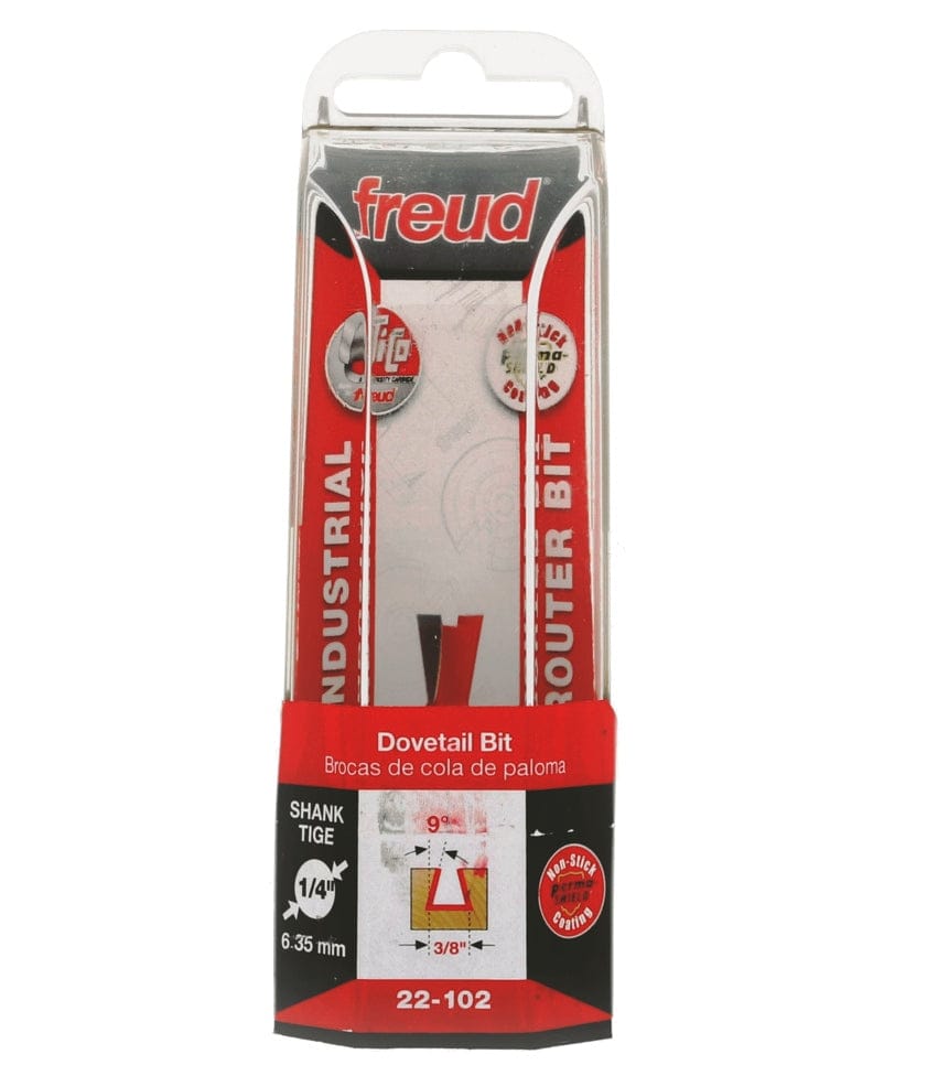 Retail packaging view for the Freud 22-102 dovetail bit, displaying the red and black branding, a diagram of the 3/8 inch width and 9 degree cut profile, and icons indicating the 1/4 inch shank.