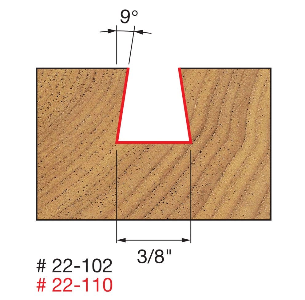Technical diagram illustrating the cutting profile of the Freud 22-102 dovetail bit, showing a cross-section of a cut with a 3/8 inch bottom width and 9-degree angled sidewalls.