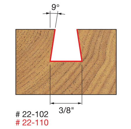 Technical diagram illustrating the cutting profile of the Freud 22-102 dovetail bit, showing a cross-section of a cut with a 3/8 inch bottom width and 9-degree angled sidewalls.
