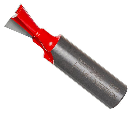 A professional studio shot of the Freud 22-112 carbide dovetail router bit at an angle, featuring the signature red Perma-SHIELD non-stick coating on the cutting head and a polished 1/2-inch steel shank.