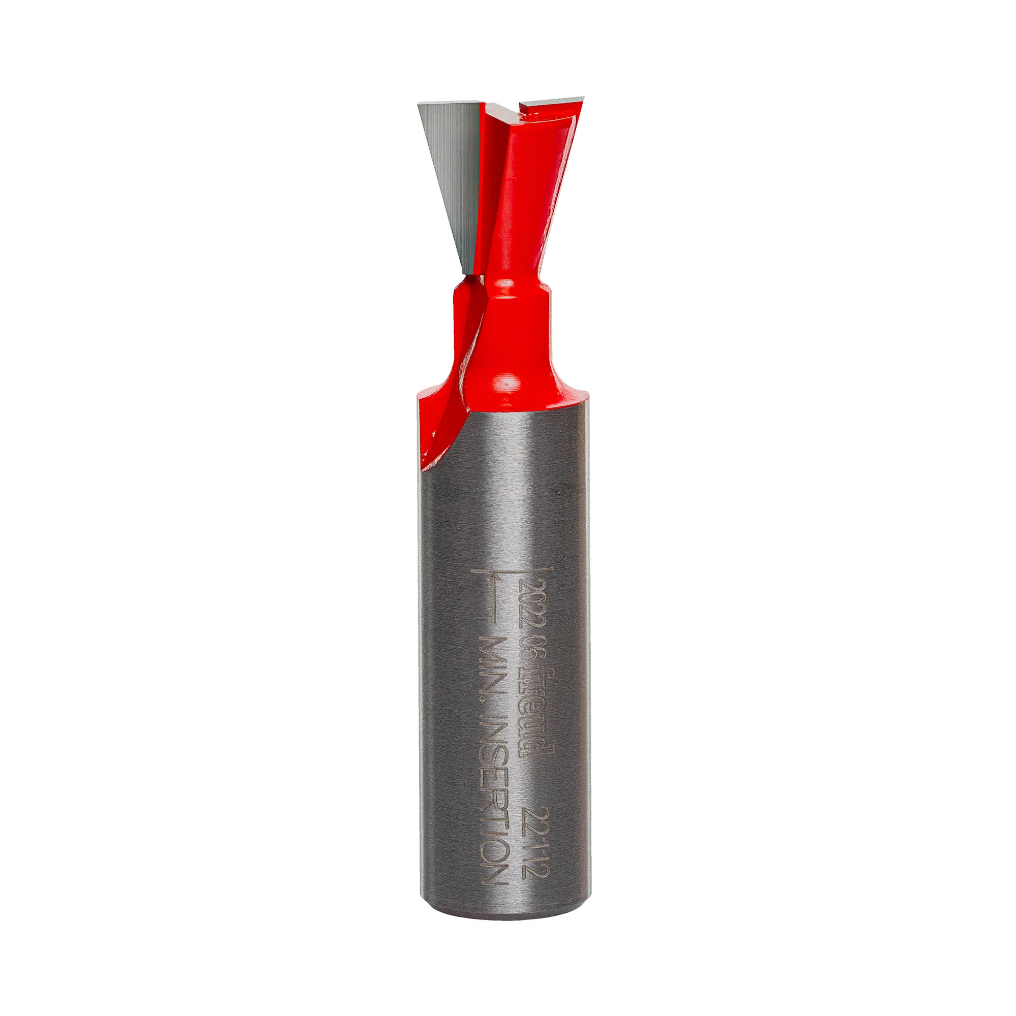 A side-profile view of the Freud 22-112 dovetail bit against a white background, highlighting the 14-degree angle geometry and the laser-etched minimum insertion mark on the 1/2-inch shank.