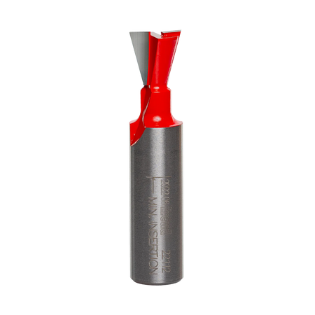A side-profile view of the Freud 22-112 dovetail bit against a white background, highlighting the 14-degree angle geometry and the laser-etched minimum insertion mark on the 1/2-inch shank.