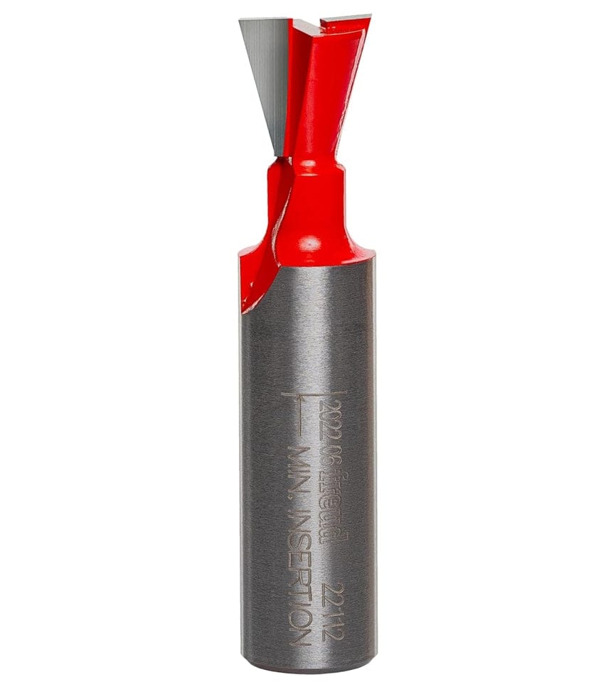 A side-profile view of the Freud 22-112 dovetail bit against a white background, highlighting the 14-degree angle geometry and the laser-etched minimum insertion mark on the 1/2-inch shank.
