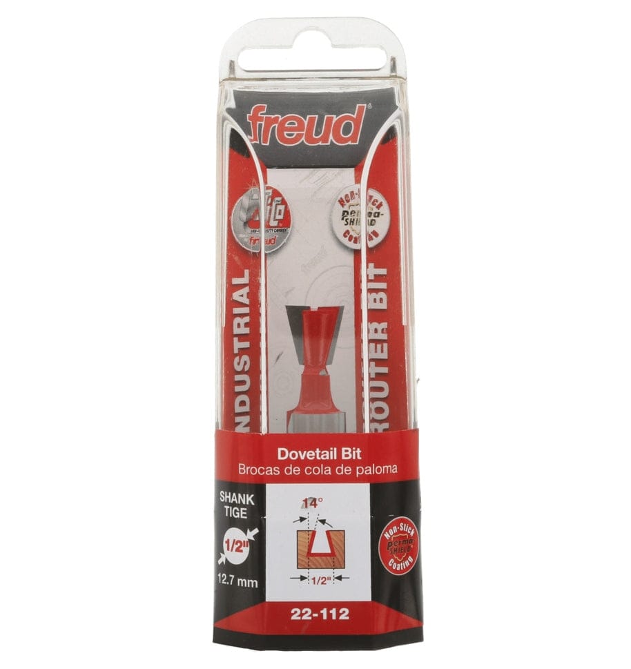Retail clamshell packaging for the Freud 22-112 industrial dovetail bit, displaying the 14-degree angle, 1/2-inch diameter, and 1/2-inch shank size for professional drawer and box joinery.