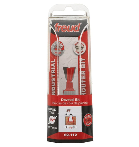 Retail clamshell packaging for the Freud 22-112 industrial dovetail bit, displaying the 14-degree angle, 1/2-inch diameter, and 1/2-inch shank size for professional drawer and box joinery.