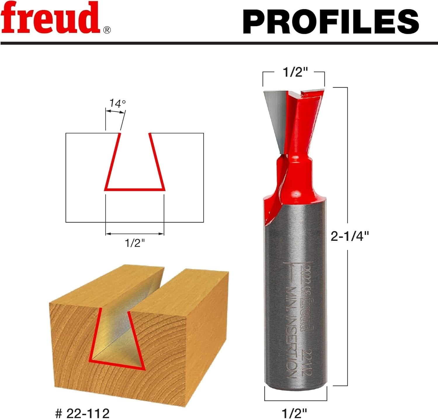 A technical profile diagram for the Freud 22-112 bit illustrating a precise 1/2-inch wide by 14-degree dovetail cut in a wood workpiece, with an overall length of 2-1/4 inches.
