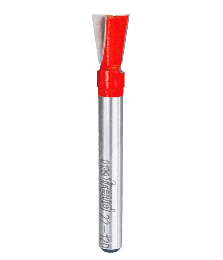 Studio product view of the Freud 22-120 router bit, featuring a 1/4 inch silver shank and a red Perma-SHIELD coated dovetail cutting head with angled carbide tips.