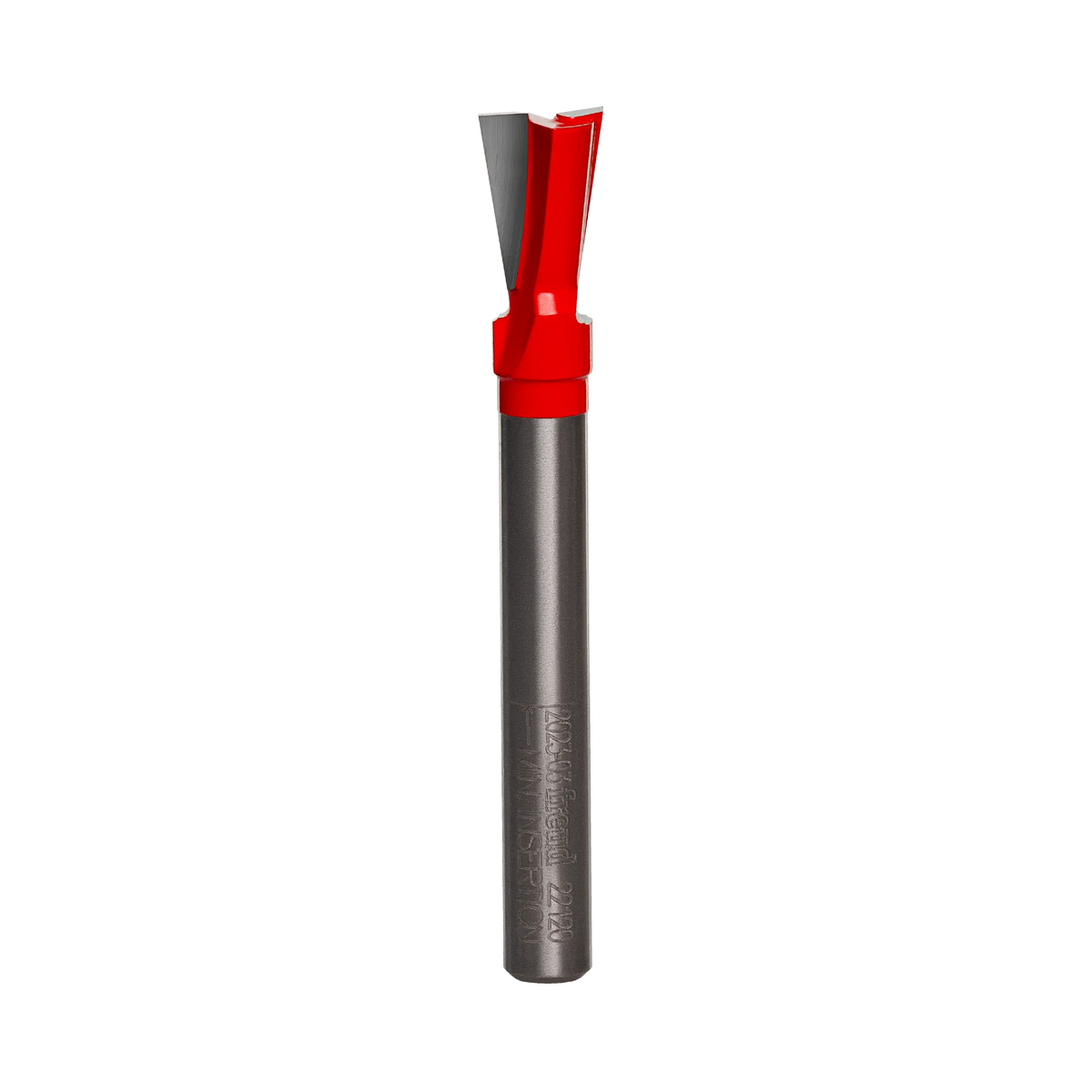 Studio product view of the Freud 22-120 router bit, featuring a 1/4 inch silver shank and a red Perma-SHIELD coated dovetail cutting head with angled carbide tips.