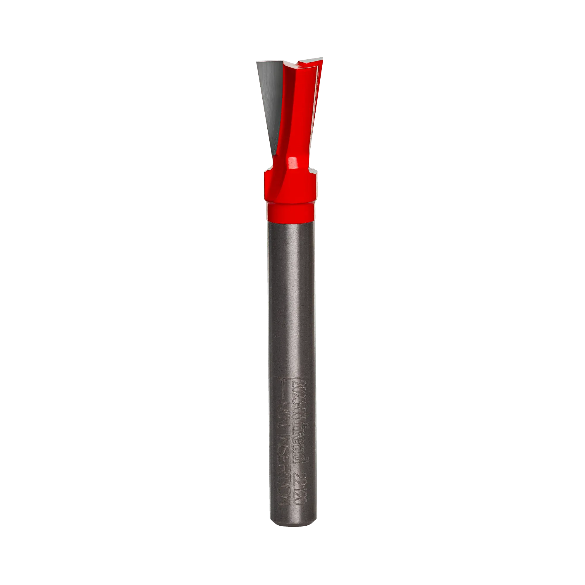 Studio product view of the Freud 22-120 router bit, featuring a 1/4 inch silver shank and a red Perma-SHIELD coated dovetail cutting head with angled carbide tips.