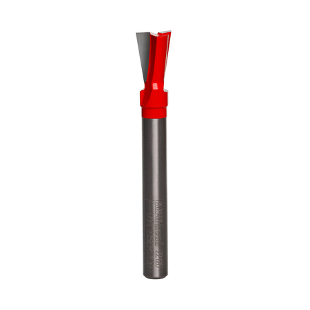 Studio product view of the Freud 22-120 router bit, featuring a 1/4 inch silver shank and a red Perma-SHIELD coated dovetail cutting head with angled carbide tips.