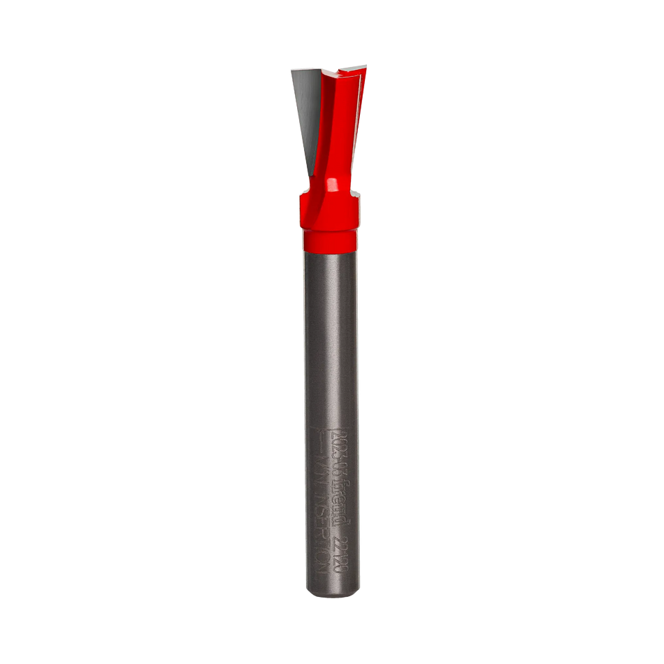 Studio product view of the Freud 22-120 router bit, featuring a 1/4 inch silver shank and a red Perma-SHIELD coated dovetail cutting head with angled carbide tips.