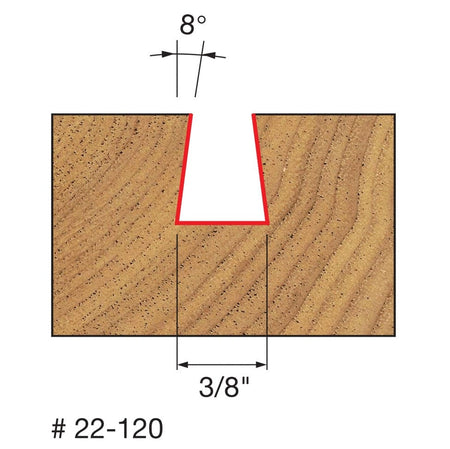 Technical diagram illustrating the cutting profile of the Freud 22-120 dovetail bit, showing a cross-section of a cut with a 3/8 inch bottom width and 8-degree angled sidewalls.