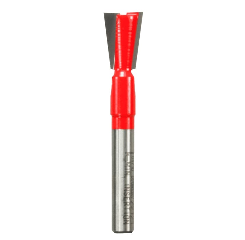 Studio shot of the Freud 22-121 Dovetail router bit featuring a red Perma-SHIELD body, two carbide cutters, and 1/4 inch silver shank.