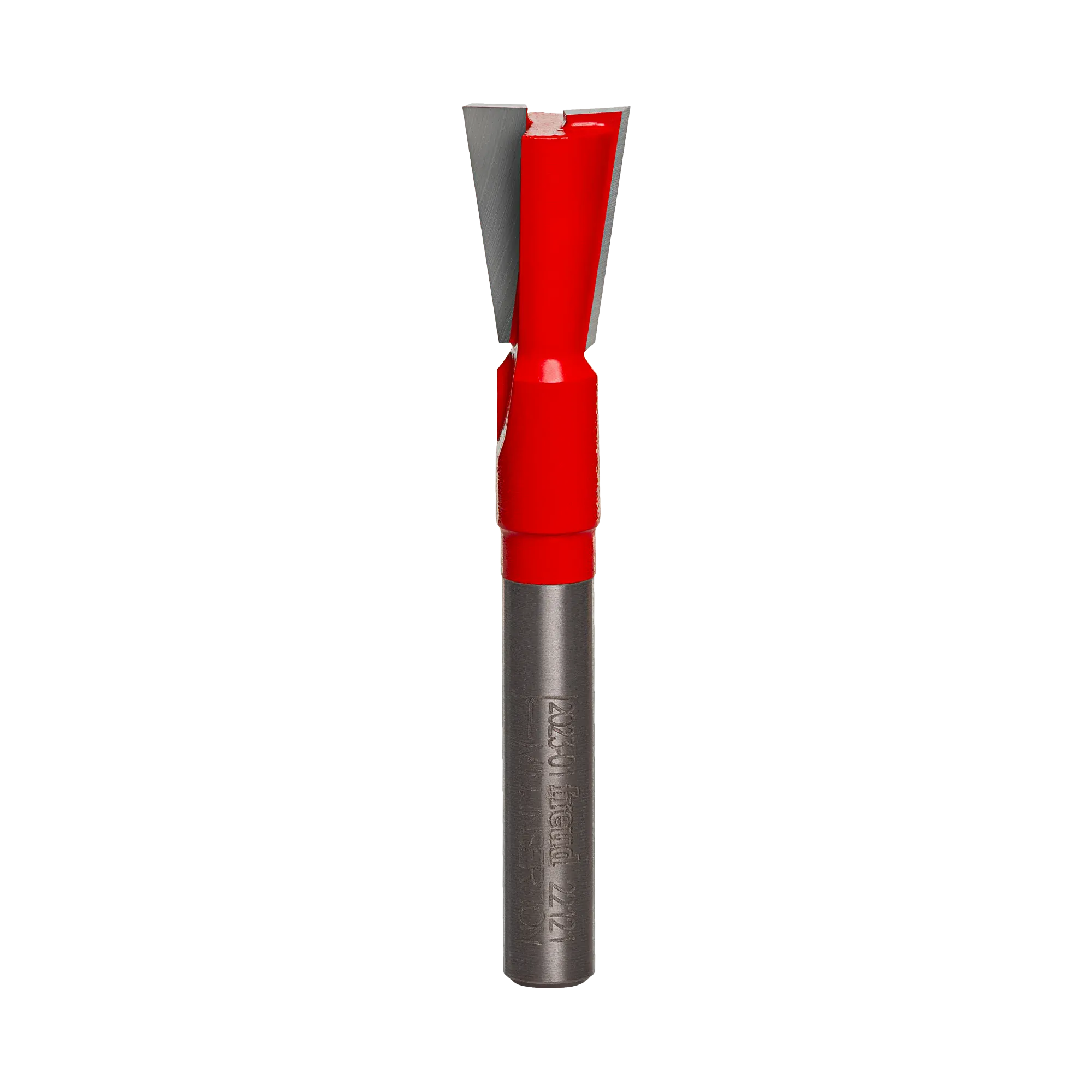 Studio shot of the Freud 22-121 Dovetail router bit featuring a red Perma-SHIELD body, two carbide cutters, and 1/4 inch silver shank.