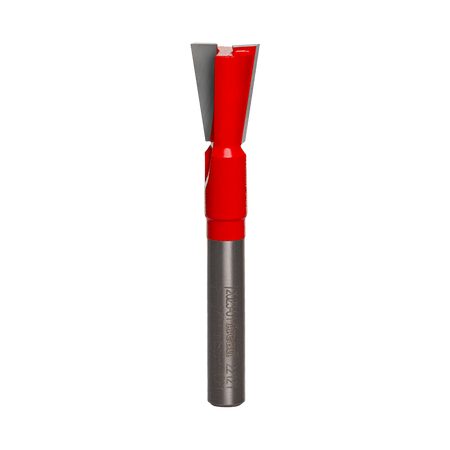 Studio shot of the Freud 22-121 Dovetail router bit featuring a red Perma-SHIELD body, two carbide cutters, and 1/4 inch silver shank.