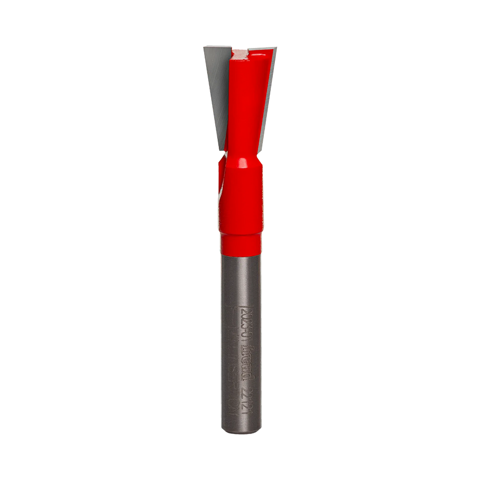 Studio shot of the Freud 22-121 Dovetail router bit featuring a red Perma-SHIELD body, two carbide cutters, and 1/4 inch silver shank.