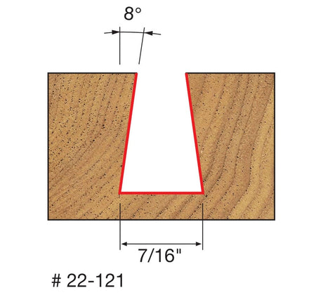 Technical profile diagram illustrating the dovetail groove cut made by the Freud 22-121 bit, specifying an 8 degree angle and 7/16 inch width.