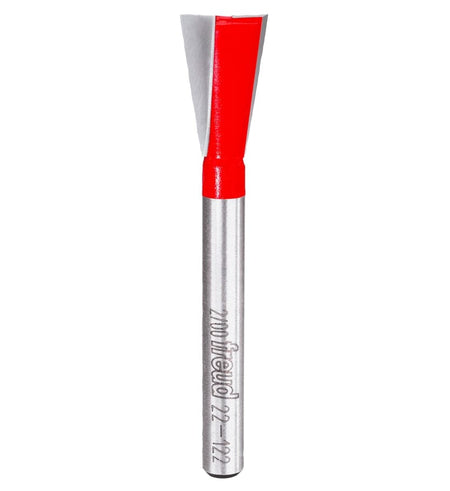 A professional studio shot of the Freud 22-122 carbide dovetail router bit, featuring the signature red Perma-SHIELD non-stick coating on the cutting head and a polished 1/4 inch steel shank.