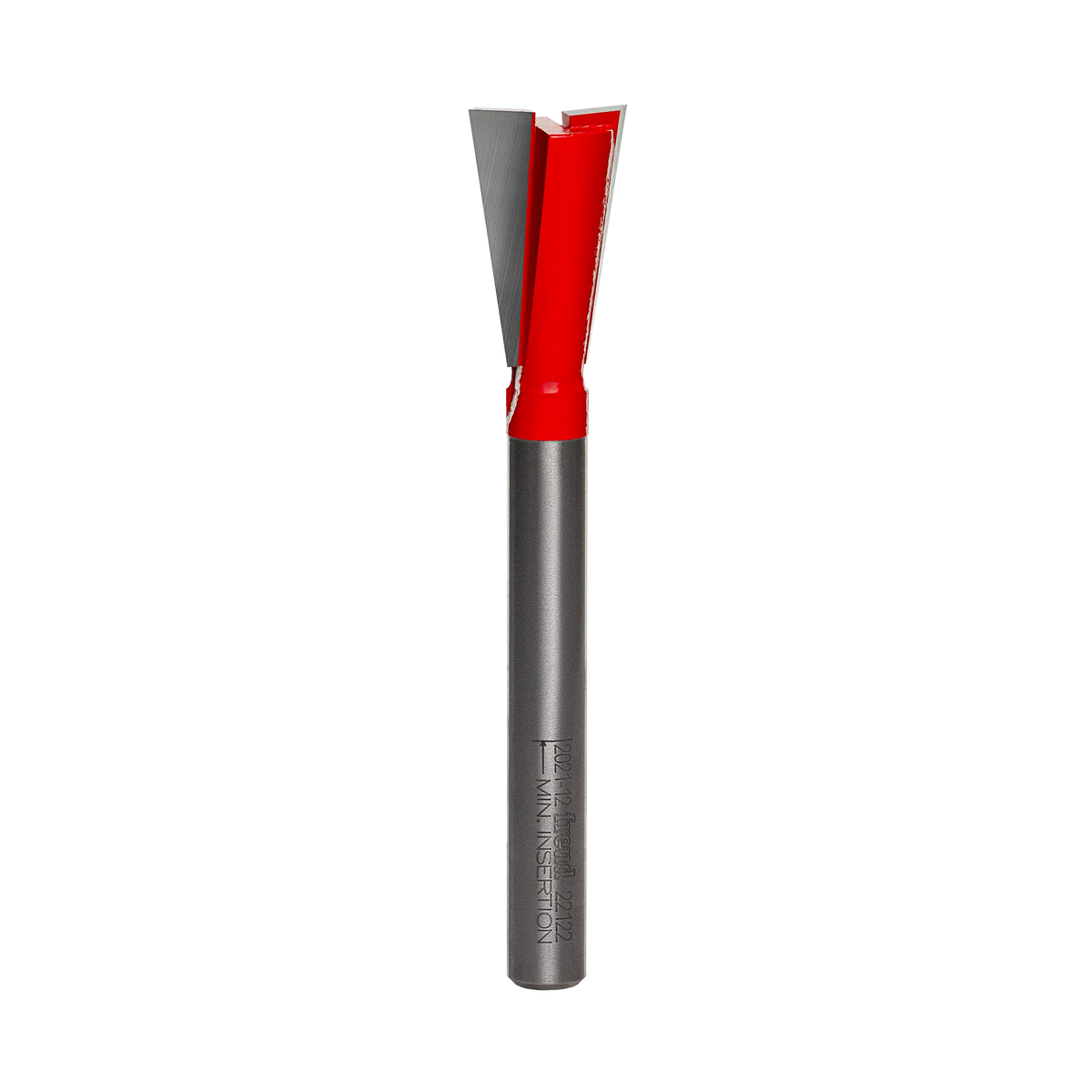 A professional studio shot of the Freud 22-122 carbide dovetail router bit, featuring the signature red Perma-SHIELD non-stick coating on the cutting head and a polished 1/4 inch steel shank.