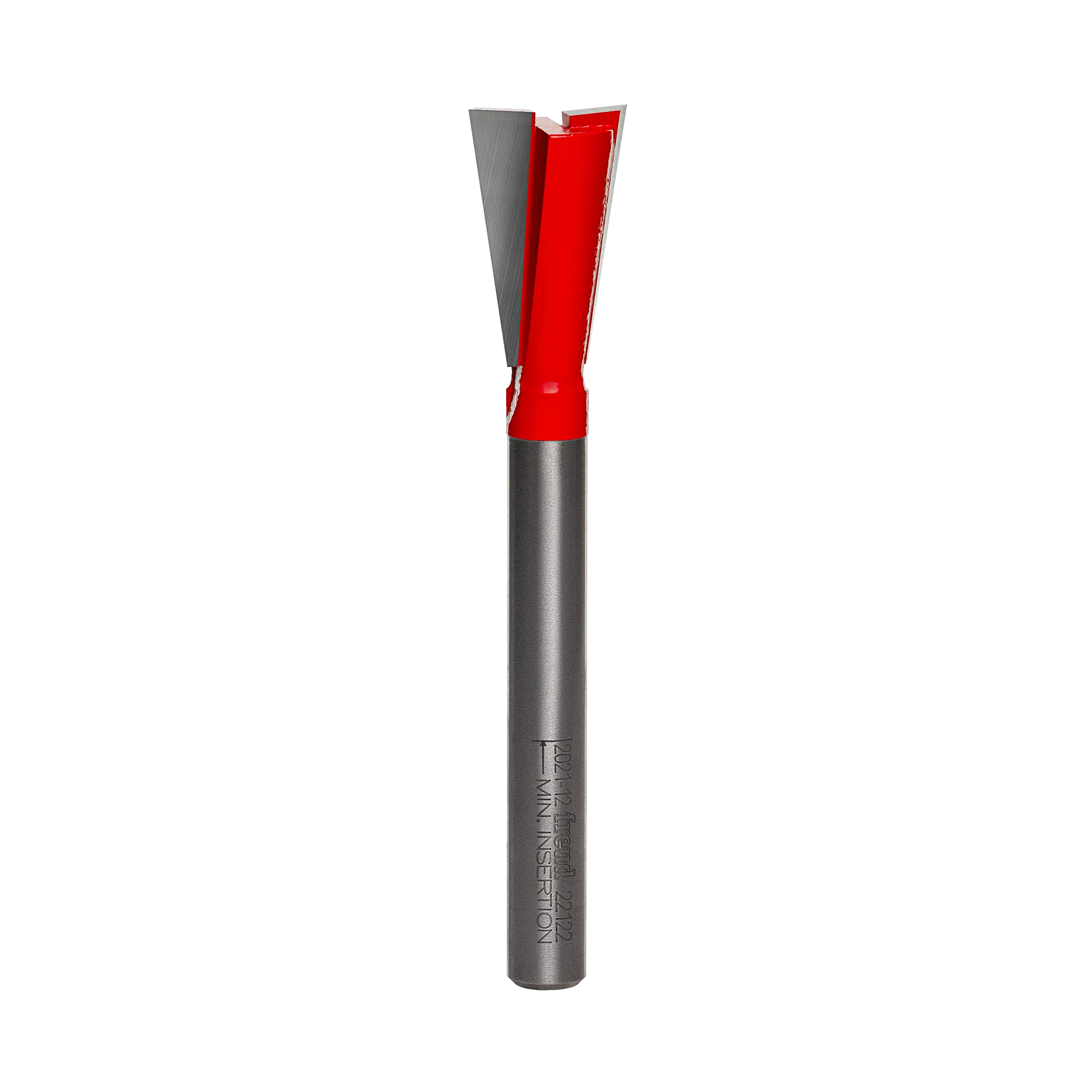 A professional studio shot of the Freud 22-122 carbide dovetail router bit, featuring the signature red Perma-SHIELD non-stick coating on the cutting head and a polished 1/4 inch steel shank.