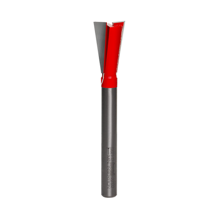 A professional studio shot of the Freud 22-122 carbide dovetail router bit, featuring the signature red Perma-SHIELD non-stick coating on the cutting head and a polished 1/4 inch steel shank.