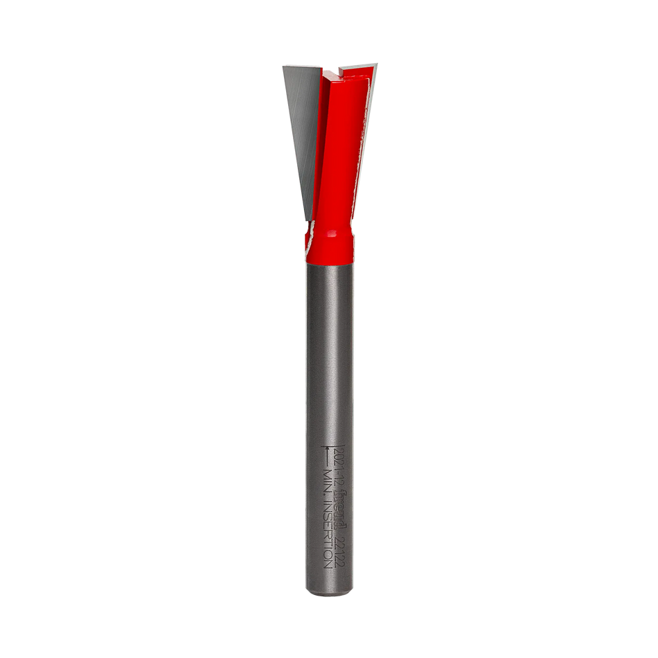 A professional studio shot of the Freud 22-122 carbide dovetail router bit, featuring the signature red Perma-SHIELD non-stick coating on the cutting head and a polished 1/4 inch steel shank.