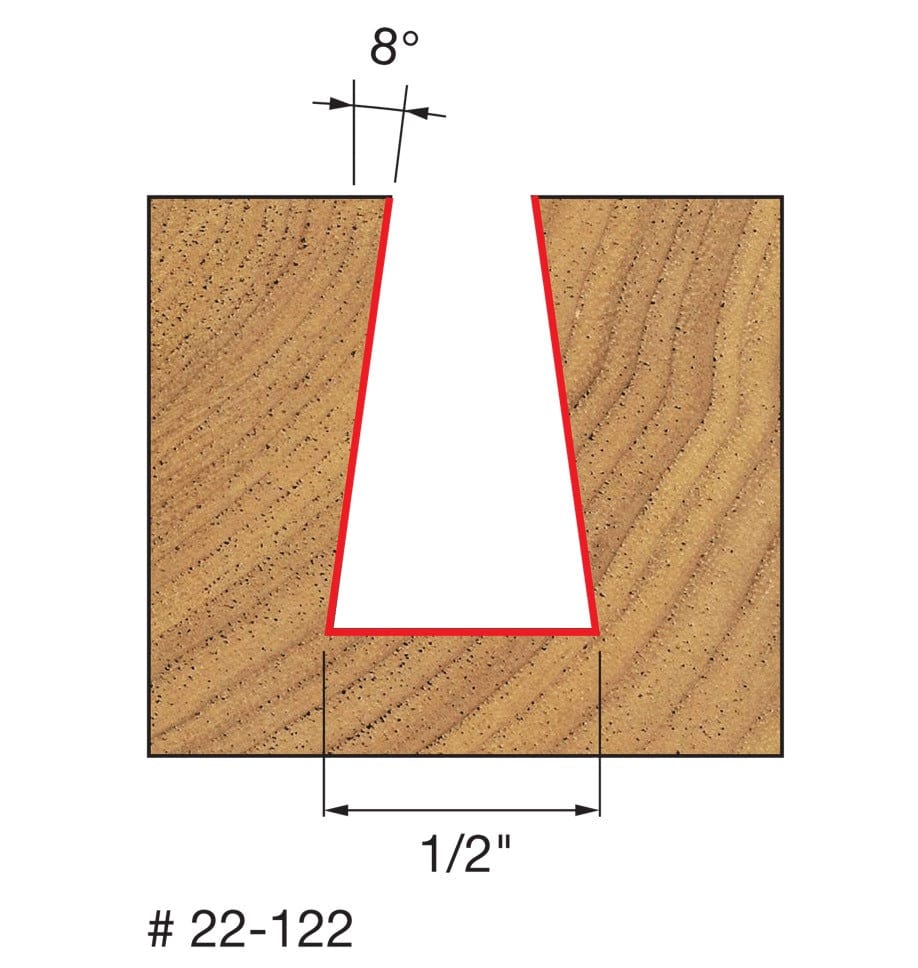 A technical diagram for the Freud 22-122 dovetail bit showing a 1/2 inch cutting diameter and an 8-degree angle profile for creating precise woodworking joints.