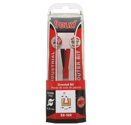 Retail clamshell packaging for the Freud 22-122 industrial dovetail bit, showcasing the bit's 1/4 inch shank, 8-degree angle, and high-density TiCo carbide construction.